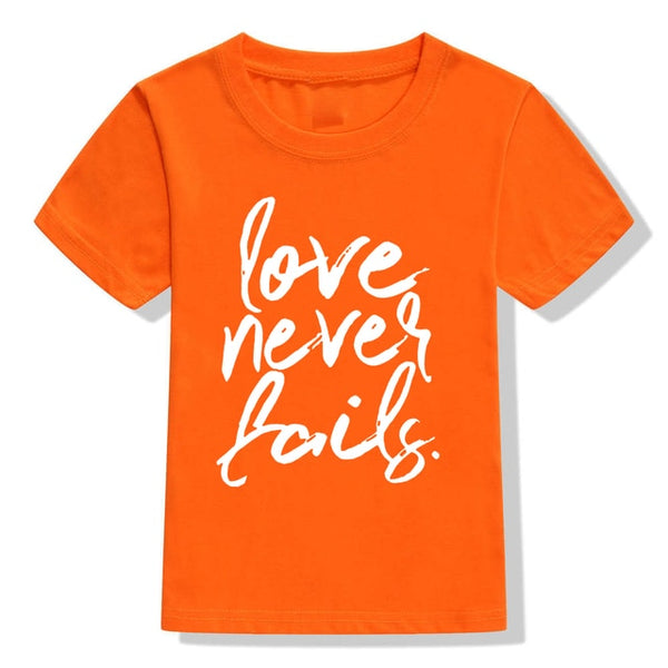 Love Never Fails Girls Christian Heart Shirt