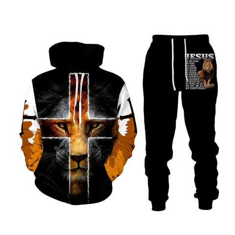 Long Sleeve Men's Black Lion 3D Printed Jesus Hoodie Sweatshirt and Sweatpants Tracksuit