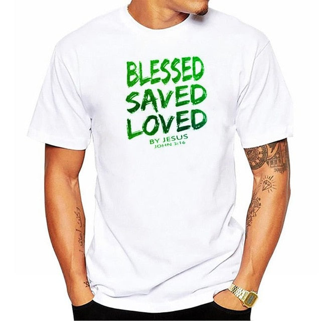 BLESSED SAVED LOVED John 3:16 Bible Quote Comfy Cotton Men's Tee